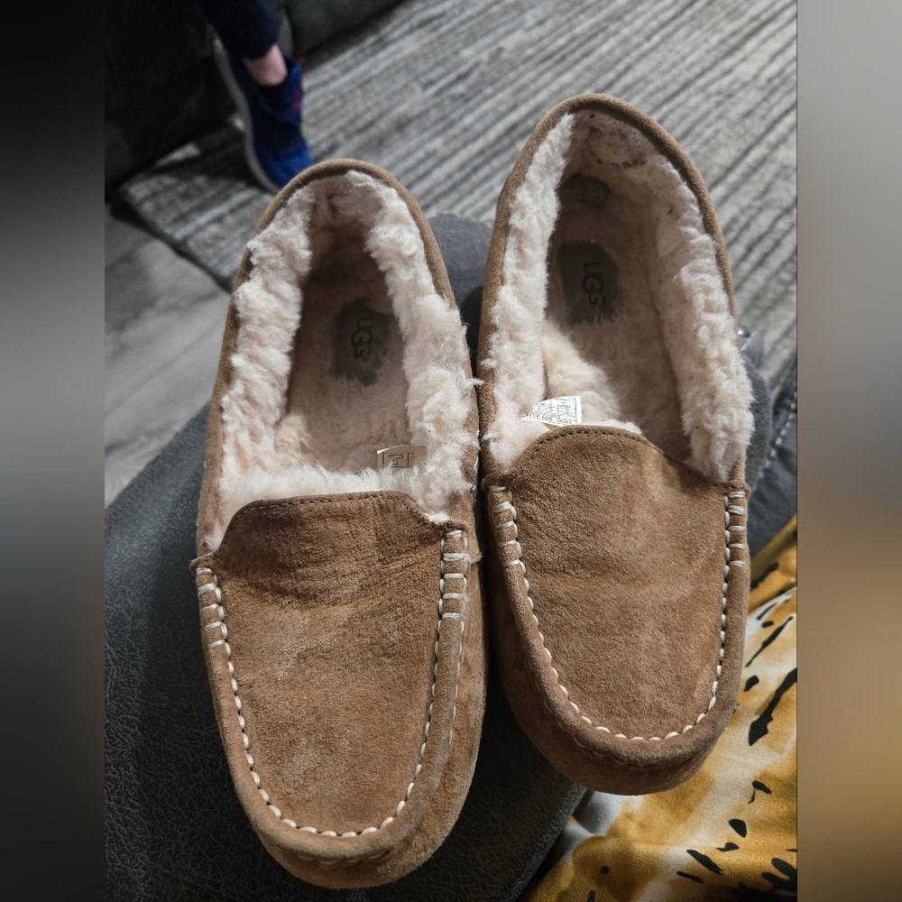 UGG Chestnut Suede Moccasin Slippers with Shearling Trim, Size 8